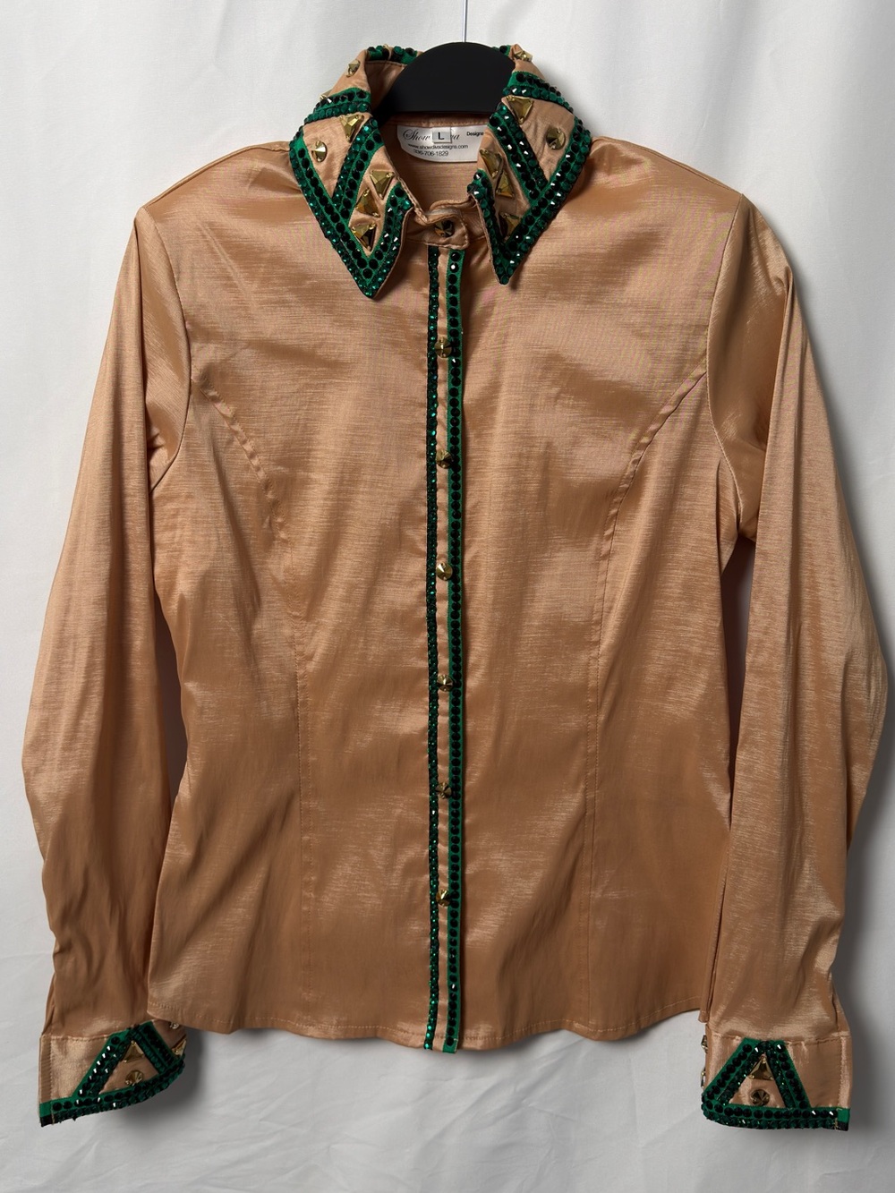 Show Diva Designs Champagne Gold Emerald Green Crystal Western Show Shirt L